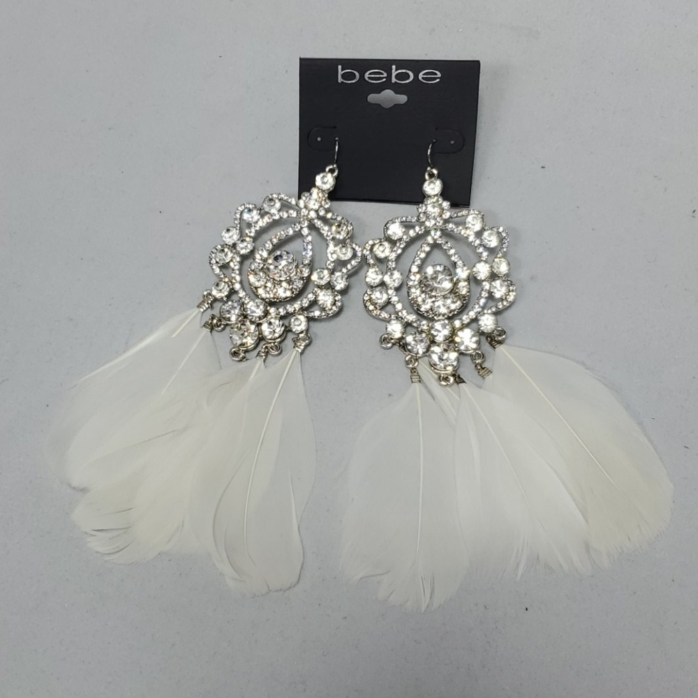 Bebe silver rhinestone & feathers dangle earrings